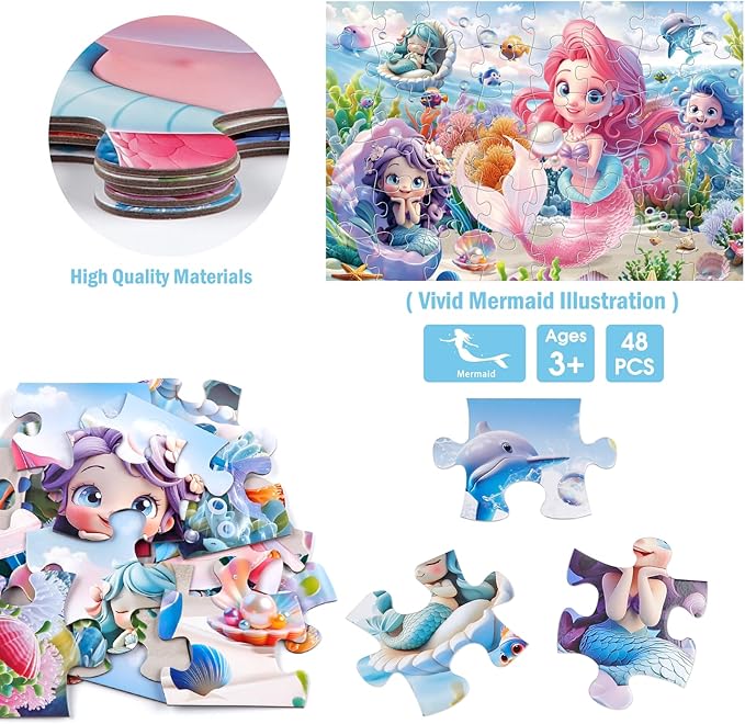 Jumbo Floor Puzzle for Toddlers & Kids Ages 3-5, 48-Piece Mermaid and Underwater Large Jigsaw Puzzle with Educational Fun, Great Gift for Boys & Girls Ages 4-8-CubbioJoy
