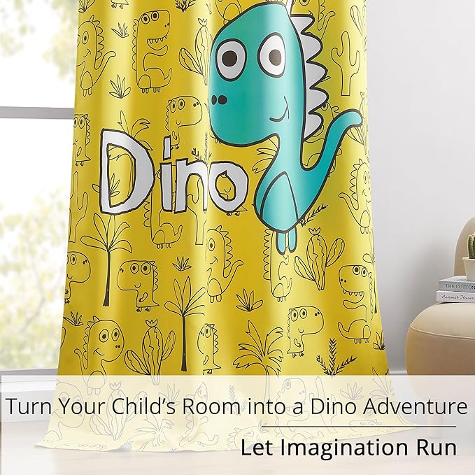 Dinosaur Blackout Curtains for Kids Room - 2 Panels, Each W52×L84, 100% Blackout, Thermal Insulated, Noise Reducing, Perfect for Kids Room and Nersury-CubbioJoy