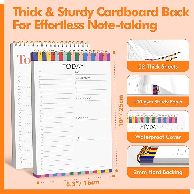 2 To Do List Notepads, Daily Planner Notebook with Tear-off Design, Undated Writing Organizer for Daily Tasks and Goal, Coiled Task Track Checklist Productivity Pad for Office, Classroom, Home, School-CubbioJoy