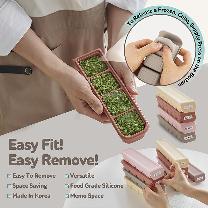 4 Section-1.7oz Gray 100% Food Grade Silicone Ice Cube Tray Food Container with Airtight Locking Lid, Fruit Vegetable Purees, Breastmilk Storage for Baby & Toddler Food | BPA Free Korea Made-CubbioJoy