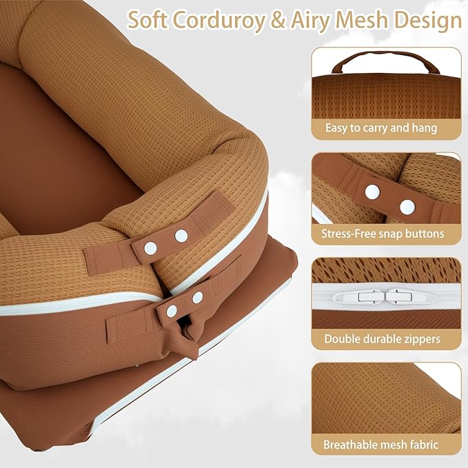 Baby Lounger, Deluxe Infant Lounger, Baby Nest Cover for Baby, Breathable Cotton, Adjustable Baby Floor Seat for Tummy Time, Newborn Essentials for Baby 0-12 Months (Brown)-CubbioJoy