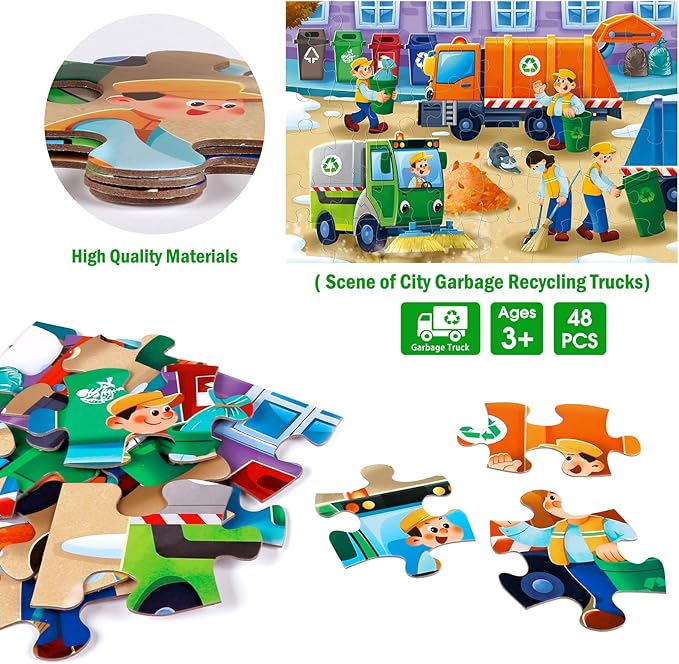 Jumbo Floor Puzzle for Kids,Recycling Garbage Truck Jigsaw Large Puzzles,48 Piece Trash Truck Vehicle Puzzle for Toddler Ages 3-5,Children Learning Preschool Educational Toys,Gift for 4-8 Years Old-CubbioJoy