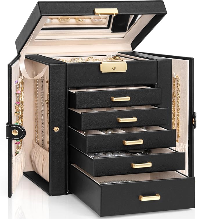 AKOZLIN Large 6-Tier Jewelry Box Lockable Leather Jewelry Storage Case with 5 Drawers for Women Girls Ring Necklace Earring Bracelet Holder Organizer with Mirror-CubbioJoy