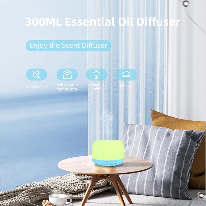 300ML Air Diffuser for Essential Oils, Ultrasonic Aromatherapy Diffuser, Remote Control Aroma Diffuser Humidfer, 7Color Changing LED Light,Auto-Off, Timer for Home, Bedroom, Office, Kids.-CubbioJoy