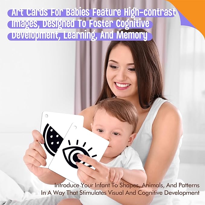 50PCS High Contrast Baby Flashcards, 100 Pages Black & White Visual Stimulus Flash Cards, Brain Development Cards Set Montessori Sensory Toys for Infants Newborn Boy Girl Baby Tummy Time (0-3 Months)-CubbioJoy