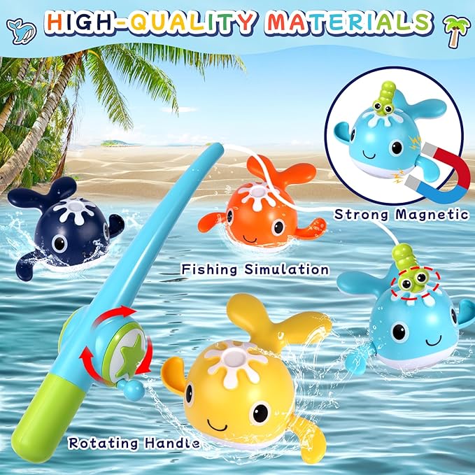 Baby Bath Toys Set, Wind Up Pool Toys for Toddlers 1-3, Kids Magnetic Fishing Toys with 1 Fishing Rod & 1 Net & 4 Brightly Colored Whales, Boys and Girls Birthday Gifts-CubbioJoy