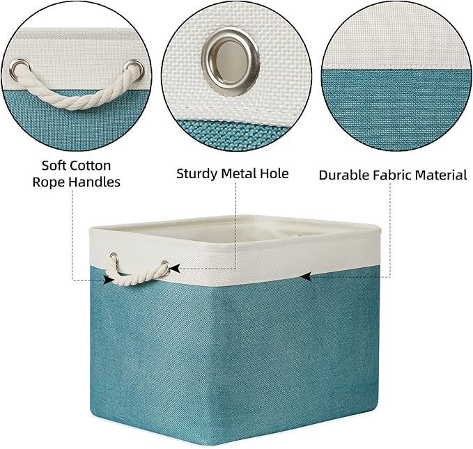 Bidtakay Foldable Storage Bins Set of 2 Tall Cloth Baskets 16" X 11.8" X 11.8" Decorative Organizers for Linen Closet (White & Teal)-CubbioJoy