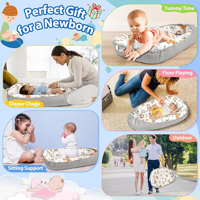 Baby Lounger - Breathable & Soft Baby Nest, Portable and Lightweight Tummy Time Lounger for Home and Travel, Ideal Newborn Babies Essentials Baby Shower Gifts-CubbioJoy