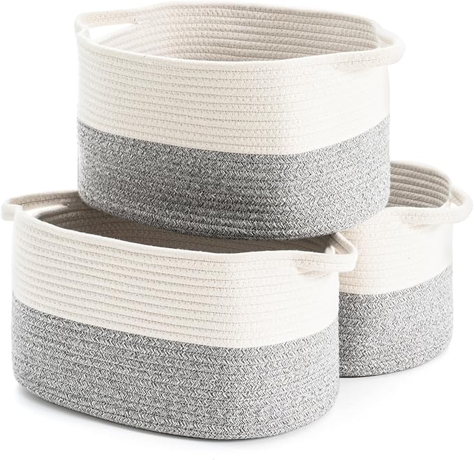 Cotton Rope Woven Storage Basket, Used for Baby Hamper Toy Organizer, Gift Baskets Empty,Kids Laundry Basket,Baby Blanket Basket. Size 15x10x8.7 Inches. (White&Grey-3PCS)-CubbioJoy