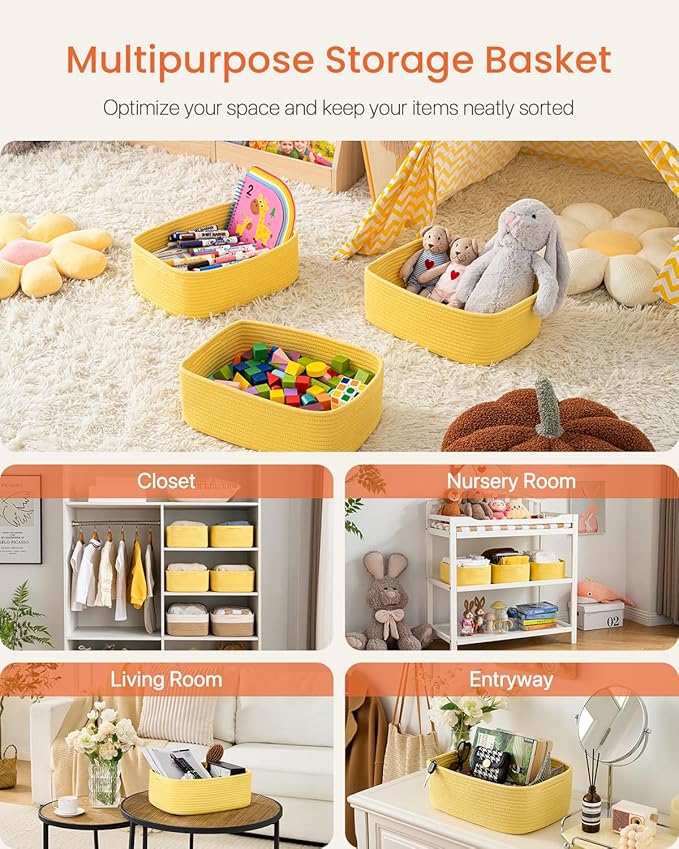 KALLAX Small Woven Basket, 13.5 x 9.5 x 5 Inches, Storage Basket for Organizing, Cute Small Rope Shelf Closet Cube Storage Bins Baskets for Shelves, Dog Toy Gift Baskets Empty, 3 Pack Yellow-CubbioJoy