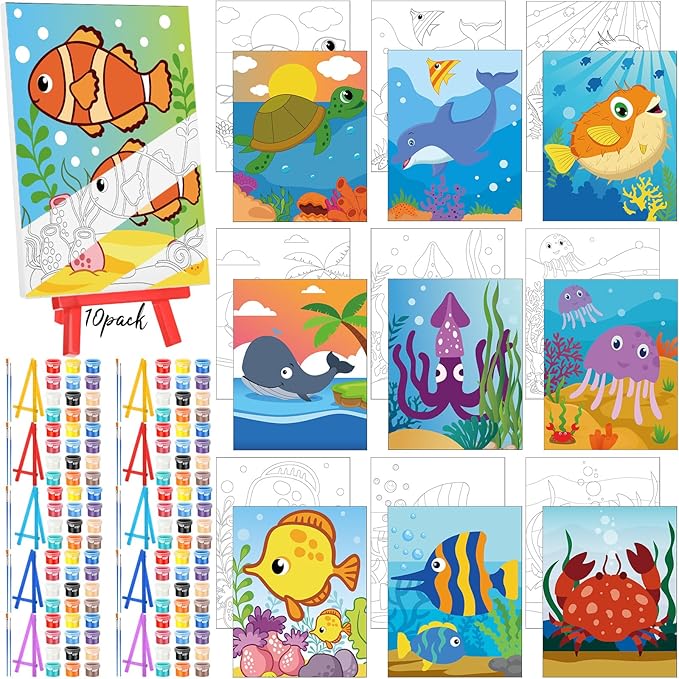 Blosssound 10 Set Pre Printed Canvas Pre Drawn Canvas Painting with Easel Kits 5" x 7" Outline Painting Panels for Beginners, DIY Craft Project, Party Favor, Home Decors(Ocean)-CubbioJoy