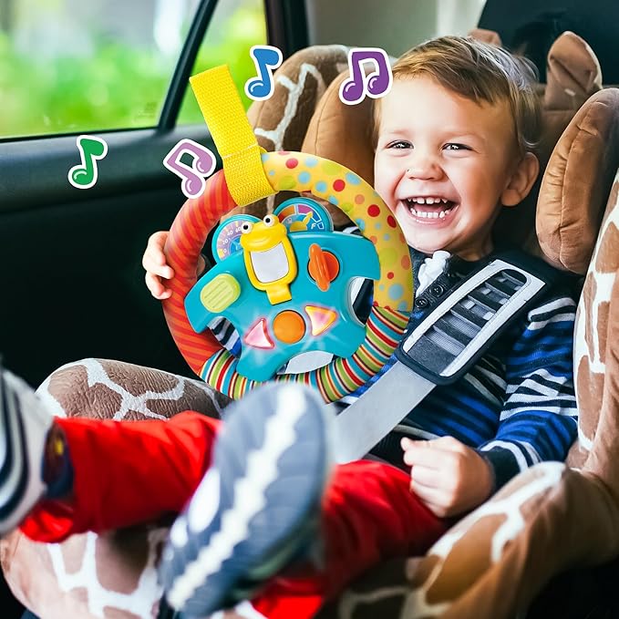 KiddoLab Steering Wheel Toy with Music,Lights,Sounds & Flip Up Mirror - Crib & Stroller Toys with Soft Fabric and Velcro Tap for Easy Attachment. Car Seat Toys for Babies and Toddlers. Ages 3 Months+-CubbioJoy