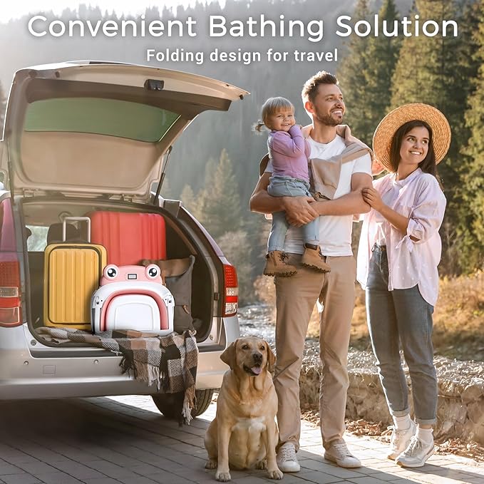 Baby Bathtub, Collapsible Newborn Bathtub for Infant to Toddler 0-24 Months with Soft Cushion and Thermometer,Portable Travel Newborn Tub with No-Slip Feet, Baby Shower Gifts,Pink-CubbioJoy