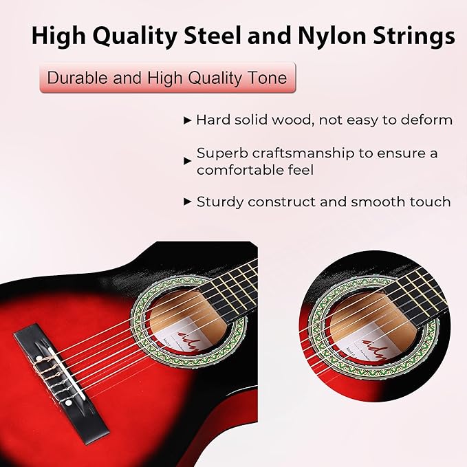 ADM Beginner Acoustic Classical Guitar Nylon Strings Wooden Guitar Bundle Kit for Kid Boy Girl Student Youth Guitarra Online Lessons with Gig Bag, Strap, Tuner, Strings, Picks (34 Inch, Redburst)-CubbioJoy