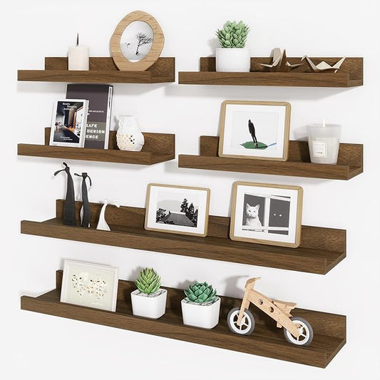 Axeman Picture Ledge Shelf, Floating Shelves for Wall Decor Storage Set of 6, 24 inch Floating Wall Mounted Shelves, Wall Shelves with Lip for Living Room, Bedroom, Nursery, Bathroom, Kitchen, Walnut-CubbioJoy