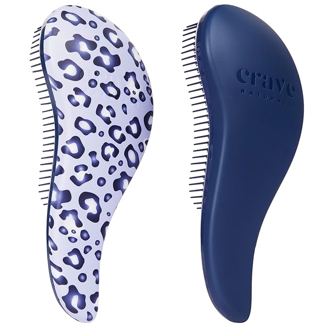 Crave Naturals Glide Thru Detangling Hair Brush for Adults and Kids - Detangler Hairbrush for Curly or Straight, Wet or Dry Hair - Gentle on Tangles Comb - Navy Blue and Blue Cheetah (Pack of 2)-CubbioJoy