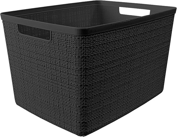 Curver Jute Large Decorative Plastic Organization and Storage Baskets, Perfect Bins for Home Office, Closet Shelves, Kitchen Pantry and All Bedroom Essentials, Pack of 4, Black-CubbioJoy
