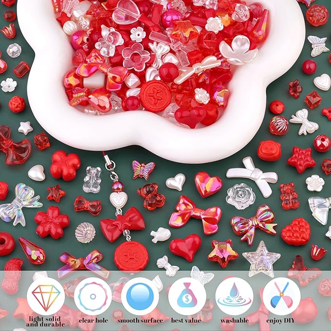 Assorted 170-230PCS Red Acrylic Beads for Bracelet Making, Flower Bow Butterfly Candy GummyBear Aesthetic Bracelet Charms,Cute Beads for Jewelry Making DIY Necklace Keychain Phone Charm-CubbioJoy