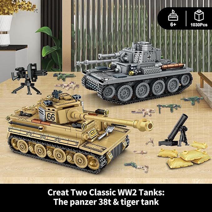 1030 Piece WW2 Army Tanks Toy Building Sets,Create a German Panzer 38T and a German Tiger Tank Toys,Adult Collectible Model Tanks Sets to Build,Christmas Birthday Gifts for Boys,Teens,Adults-CubbioJoy