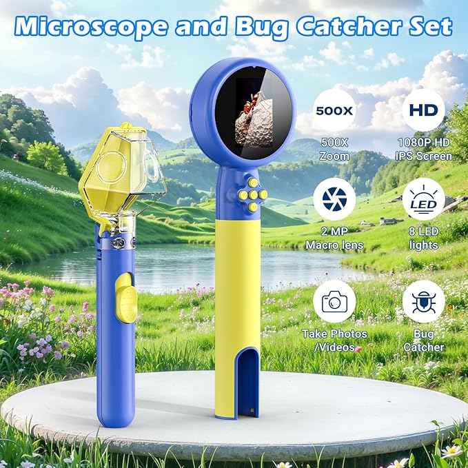 2 in 1 Kids Microscope with Bug Catcher,HD 500X Digital Microscope for Kids with 2" Screen,Photo and Video,STEM Educational Science Kit Learning Toys for Age 3-12 Girls & Boys Birthday Gifts (Blue)-CubbioJoy