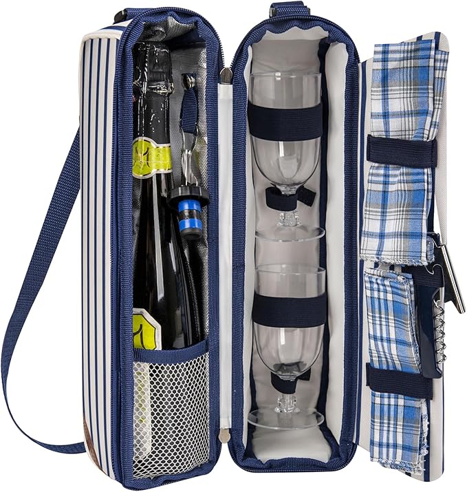 ALLCAMP Wine Tote Bag with Cooler Compartment，Picnic Set Carrying Two Sets of Tableware（Blue Stripe）-CubbioJoy