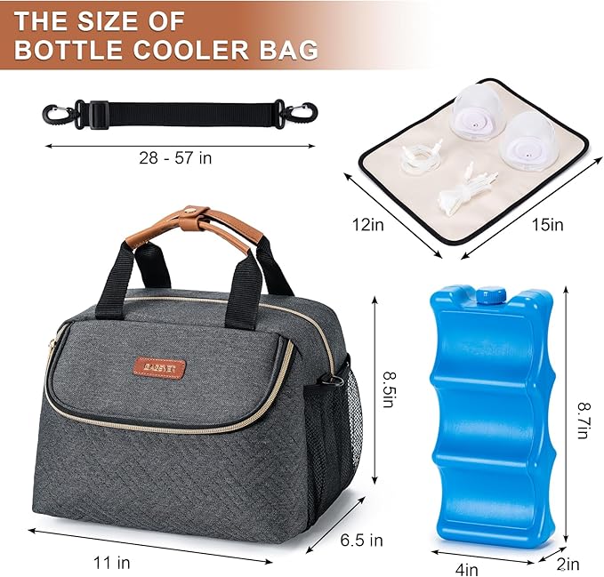 Breastmilk Cooler Bag with Ice Pack Fits 6 Baby Bottles up to 9 Ounce, Wearable Breast Pumps Cooler Bag for Nursing Mom Daycare, Work, Travel- Dark Grey-CubbioJoy