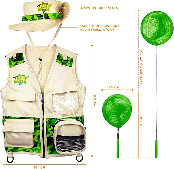 Bug Hunting Kit, Green Safari Vest, Hat, Binoculars, Lg. Butterfly Net, Bug Container, Whistle, Flashlight, Magnifier, Thermostat, Compass, Age 3+-CubbioJoy