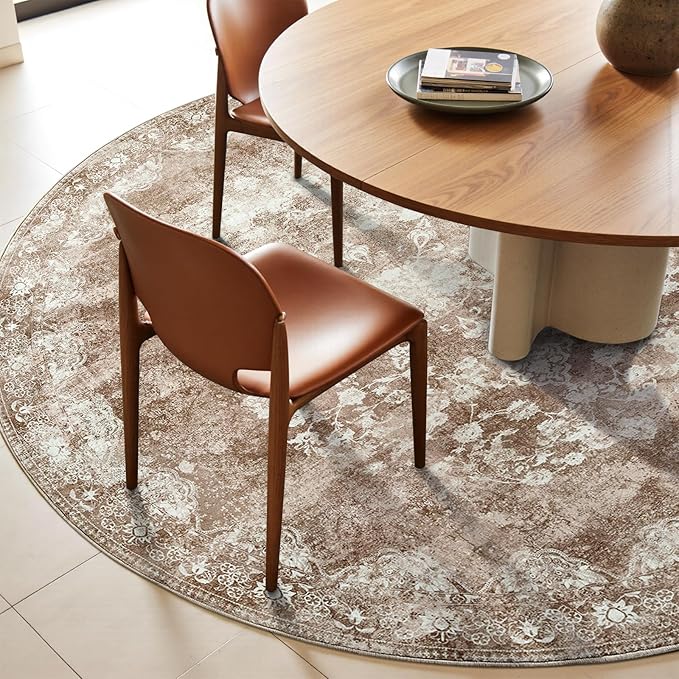 jinchan Round Rug 6ft Area Rug - Brown Vintage Floor Mat Kitchen Indoor - Washable Circle 6' Thin Floral Print Carpet Retro Farmhouse Non Slip Dining Room Living Room Bedroom Office-CubbioJoy