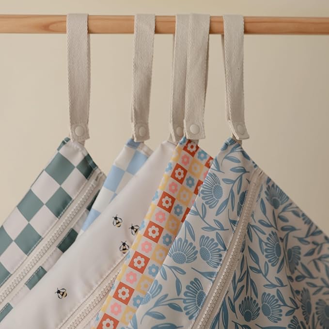 mushie Water Resistant Wet Bags | Large & Small Reusable Storage Bag for Baby Items and Travel | Zippered Pockets with Handle | Machine Washable, Set of 2 (Blue Flowers)-CubbioJoy