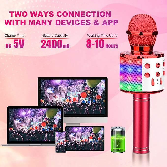 BlueFire 4 in 1 Karaoke Wireless Microphone with LED Lights, Portable Microphone for Kids, Great Gifts Toys for Kids, Girls, Boys and Adults (Red)-CubbioJoy