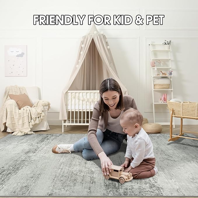 Area Rug 9x12 Washable Rugs: Abstract Large Living Room Rugs with Non-Slip Backing, Thin Carpet for Dining Room Table Bedroom Nursery Indoor Home Office-Gray-CubbioJoy