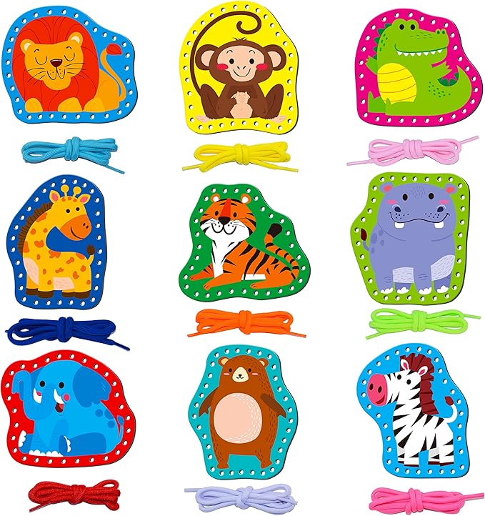 9 Pieces Kids Lacing Cards, Double Sided Sewing Cards in 9 Wild Animals with 9 Colorful Laces, Imagination Development Lacing Toys Games for Children Educational and Learning Activity-CubbioJoy