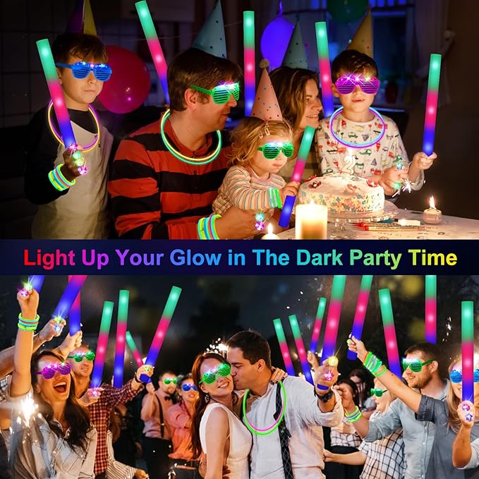 150 PCS Glow in the Dark Party Supplies, 16 Foam Sticks, 16 LED Glasses, 100 Glow Sticks and 18 Finger Lights for Neon Party, Wedding, Birthday, Concert, New Year, Carnivals, Raves-CubbioJoy