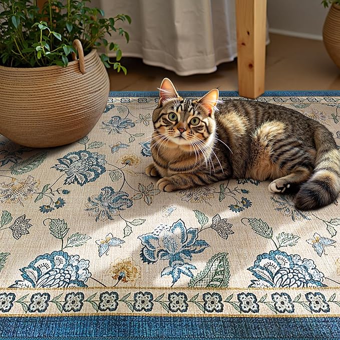 jinchan 2x3 Floral Rug for Entryway Washable Kitchen Rug Vintage Romance Design Small Mat Non Slip Indoor Doormat Lightweight Low-Profile Throw Carpet for Entrance Bathroom Laundry Room, Blue/Beige-CubbioJoy