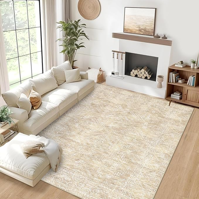 COZYLOOM 4x6 Rug Machine Washable Foldable Printed Area Rug Modern Distressed with Non Slip Design Stain Resistant Non Shedding Pet Friendly Carpet Perfect for Home Decor, Faux Wool, Beige-CubbioJoy