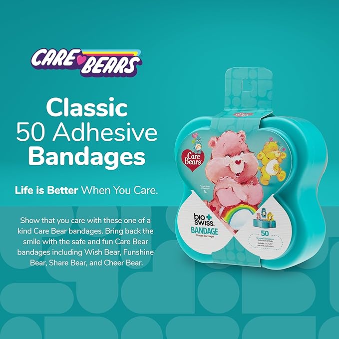 BioSwiss Care Bears Bandages, Classic Care Bear Shaped Self Adhesive Bandage, Latex Free Sterile Wound Care, Fun First Aid Kit Supplies for Kids, 50 Count-CubbioJoy