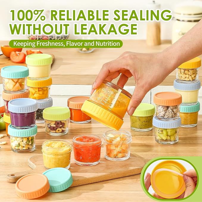 DRKIO 20 Pack Glass Baby Food Storage Containers 4 Oz Baby Food Jars with Lids Baby Food Maker Microwave Dishwasher Freezer Safe 100% Leak-Proof BPA Free-CubbioJoy