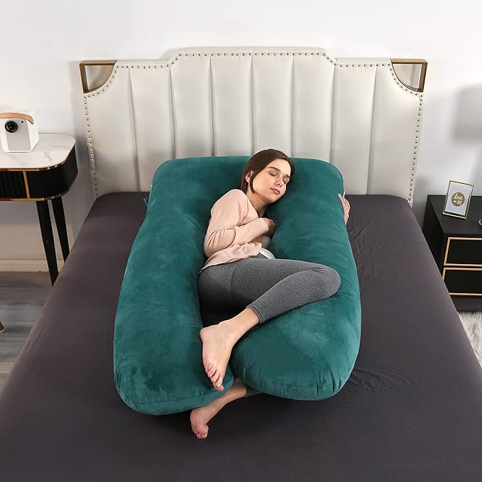 Amagoing 55 inches Pregnancy Pillows for Sleeping, U Shaped Maternity Full Body Pillow for Pregnant Women with Hip, Leg, Back, Belly Support, Removable Washable Velvet Cover (Teal Green)-CubbioJoy