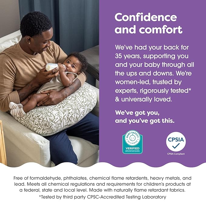 Boppy Nursing Pillow - Ergonomic Bottle & Breastfeeding Pillow, Higher, Firmer & Larger, Water-Repellent with Washable Organic Cotton Cover, Baby Safety Alliance Verified - Green Cut Out Leaves-CubbioJoy