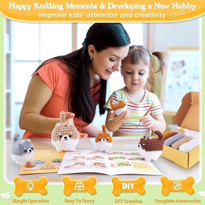 Crochet Kit for Beginners- 4 PCS Fat Shiba Inu Crochet Kits for Adults, 4PCS Corgi Dog Crochet Animal Kit with Step-by-Step Video Tutorials, Yarn, Crochet Hook, Instructions DIY Knitting Kit-CubbioJoy