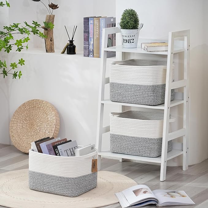 COMFY-HOMI 3-Pack Cotton Rope Woven Basket with Handles for Shelves, Book, Cloth Basket|Dog Toy Basket for Organizingy|13.5" x 11" x 9.5" for Bedroom（White/Grey）-CubbioJoy