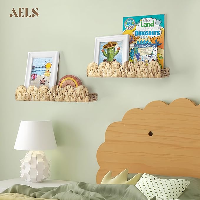 AELS Scalloped Nursery Bookshelf, Set of 2, Picture Ledge Shelf for Wall Decor, Woven Natural Water Hyacinth Floating Shelves for Books, Toys, Photo Frames, Nursery, Boho Modern Farmhouse Book Shelf-CubbioJoy