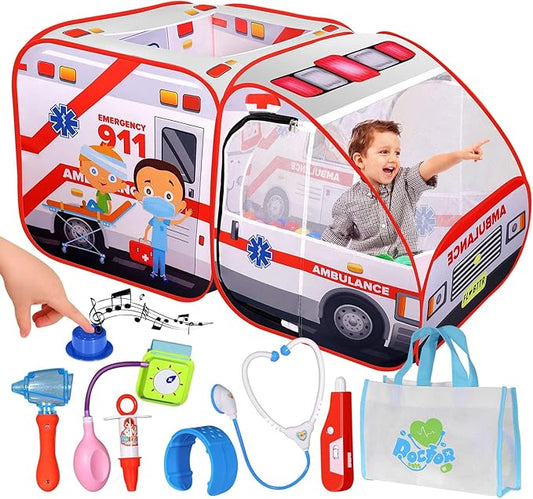 Ambulance Pop-up Play Tent for Kids with Sounds, Doctor Kit & Ball Pit for Toddlers & Up - Easy Setup Pop up Toy for Indoor & Outdoor, Emergency Vehicle Playset, Pretend Play, Great Gift-CubbioJoy