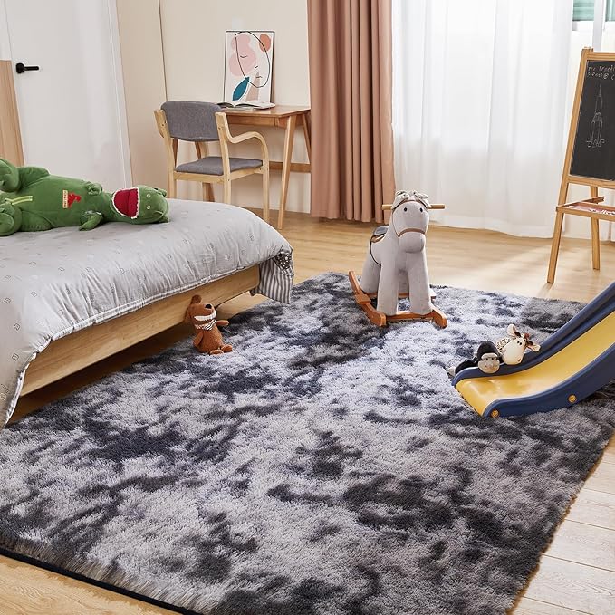 6x9 Area Rugs for Living Room, Fluffy Shaggy Bedroom Rug Indoor Carpet, Anti-Skid Soft High Pile Rug for Nursery, Kids Room, Bedside, Home Decoration, Tie-Dyed Dark Grey-CubbioJoy