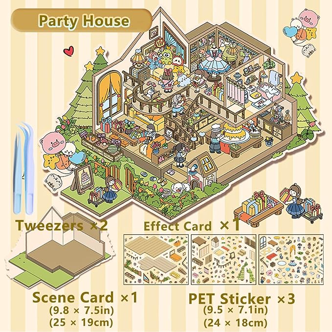 DIY 3D Sticker Scene，Jumbo-Large Party House, Reusable Sticker, Cute Sets for Free Combination, Waterproof for Anywhere, Crafts Party Favors Birthday Gift-CubbioJoy