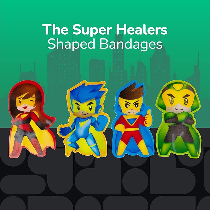 BioSwiss Bandages, Super Healers Superhero Shaped Self Adhesive Bandage, Latex Free Sterile Wound Care, Fun First Aid Kit Supplies for Kids and Adults, 50 Count-CubbioJoy