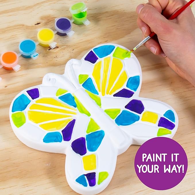 Creative Roots Mosaic Butterfly Stepping Stone Kit, Includes 7-Inch Ceramic Stepping Stone & 6 Vibrant Paints, Paint Your Own Stepping Stone, DIY Stepping Stone for Kids Ages 8+ White-CubbioJoy
