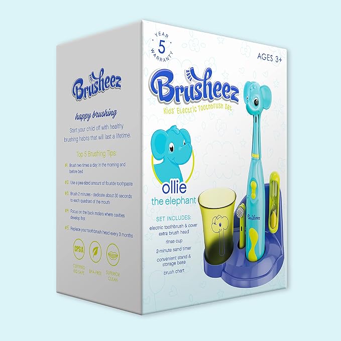 Brusheez Kids’ Electric Toothbrush Set - Safe & Effective for Ages 3+ - Parent Tested & Approved with Gentle Bristles, 2 Brush Heads, Rinse Cup, 2-Minute Timer, & Storage Base (Ollie The Elephant)-CubbioJoy