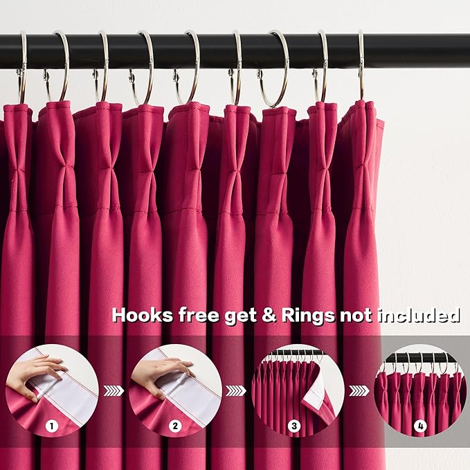 KEQIAOSUOCAI Pinch Pleated Curtains 108 Inches Long, Energy Saving Window Treatment Privacy Drapery for Living Room, Vertical Track System Elegant Hook Panels(Hot Pink, 2 PCs, W40 x L108)-CubbioJoy