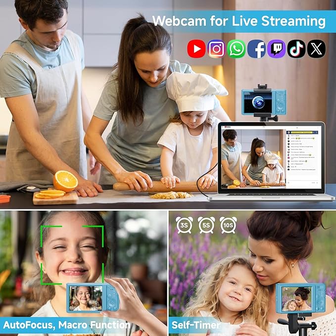 Digital Camera for Teens, FHD 4K 44MP with 64GB SD Card, 16X Digital Zoom, Compact Point Shoot Camera Blue-CubbioJoy